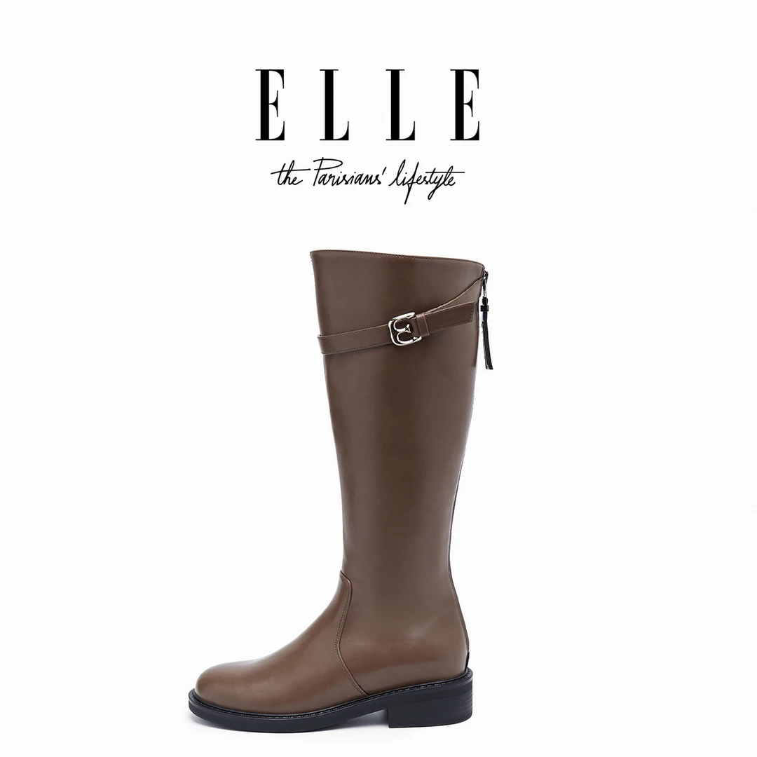 ELLE女鞋美拉德靴子2025新款棕色百搭长筒靴不过膝增高直筒骑士靴