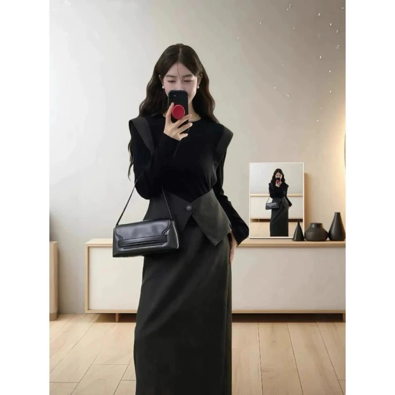 女装新款巨好看大方得体穿搭独特气质假两件上衣半身裙套装3233 K