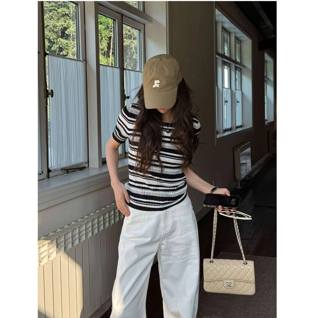 AILUO/艾珞现货芝芝【墨白交织】桑蚕丝羊毛经典撞色条纹肌理短袖