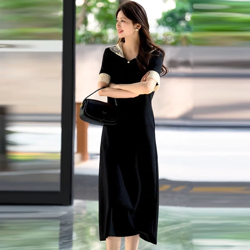 高级感蕾丝花边连衣裙夏季新款简约时尚显瘦大码长款连帽T恤裙子