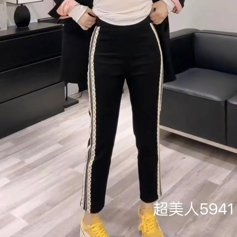 黑色蕾丝拼接运动裤女夏季2025新款薄百搭高弹高腰显瘦八分休闲裤