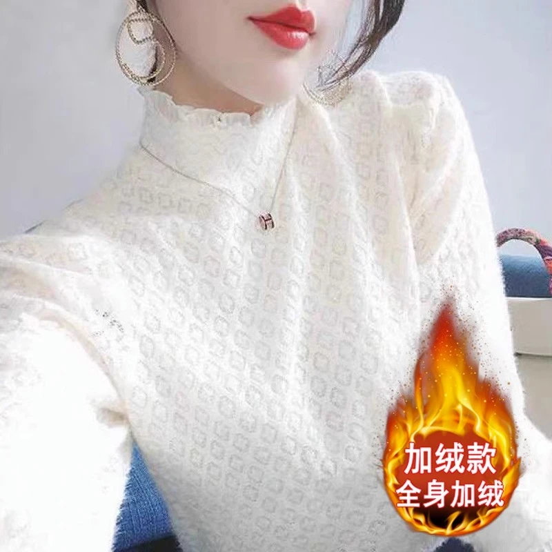 加绒秋冬款蕾丝打底衫钩花时尚半高领T恤小衫长袖内搭上衣潮