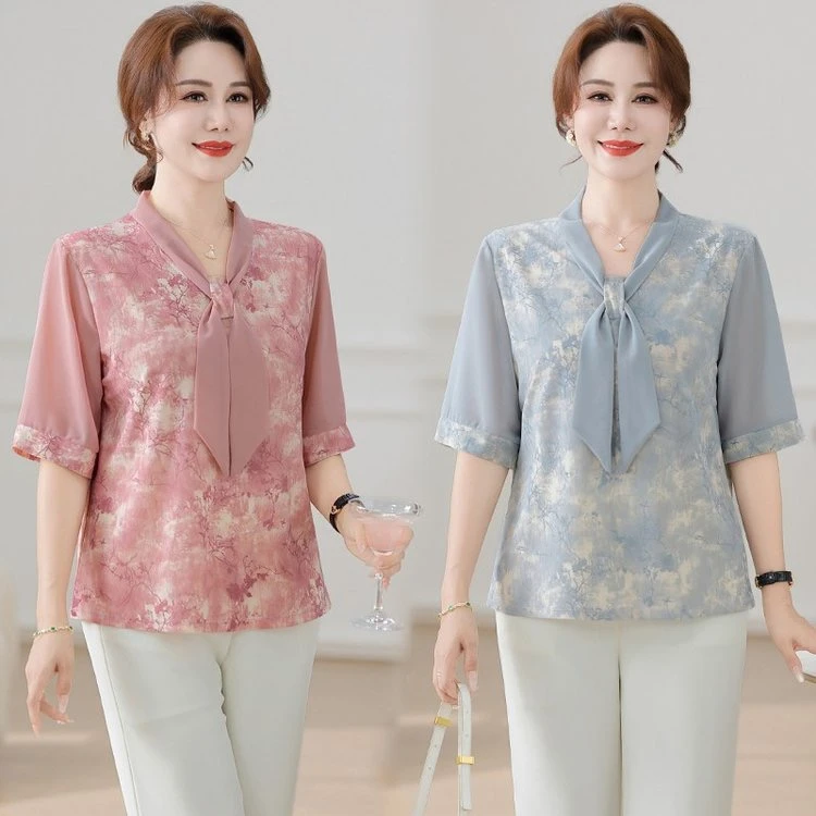 夏季新款妈妈装飘带七分袖小衫洋气上衣中老年时尚女装减龄遮肉