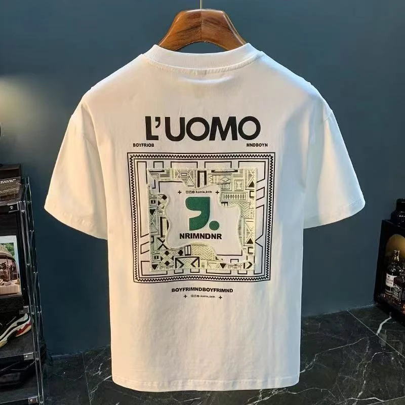 男士印花T恤2025夏季新款纯棉创意字母潮牌印花圆领休闲