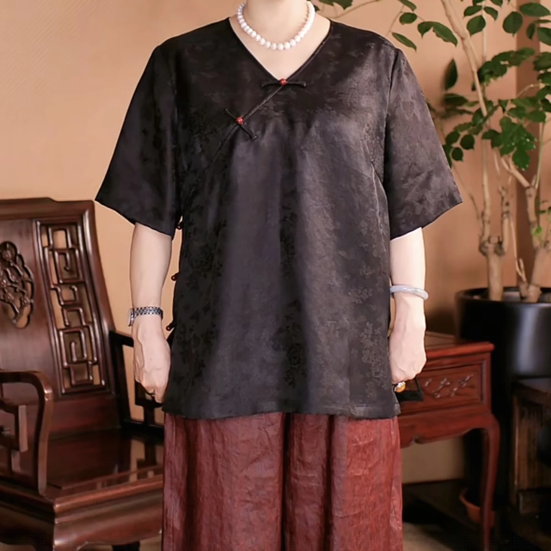 【惠妃】8052上新花罗香云纱V领显瘦复古上衣夏季唐装新中式中国风