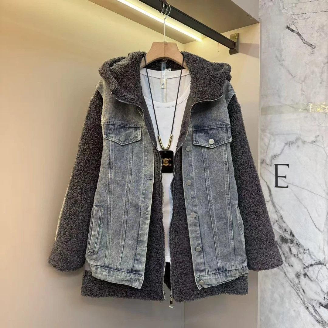 2025秋冬韩系宽松气质潮流牛仔拼接保暖洋气女装显瘦外套6096
