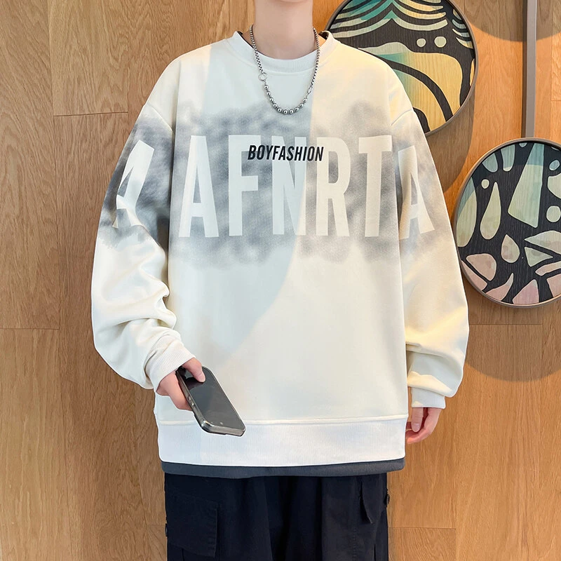 2025春季新款假两件青少年卫衣男长袖休闲百搭宽松潮流圆领字母潮