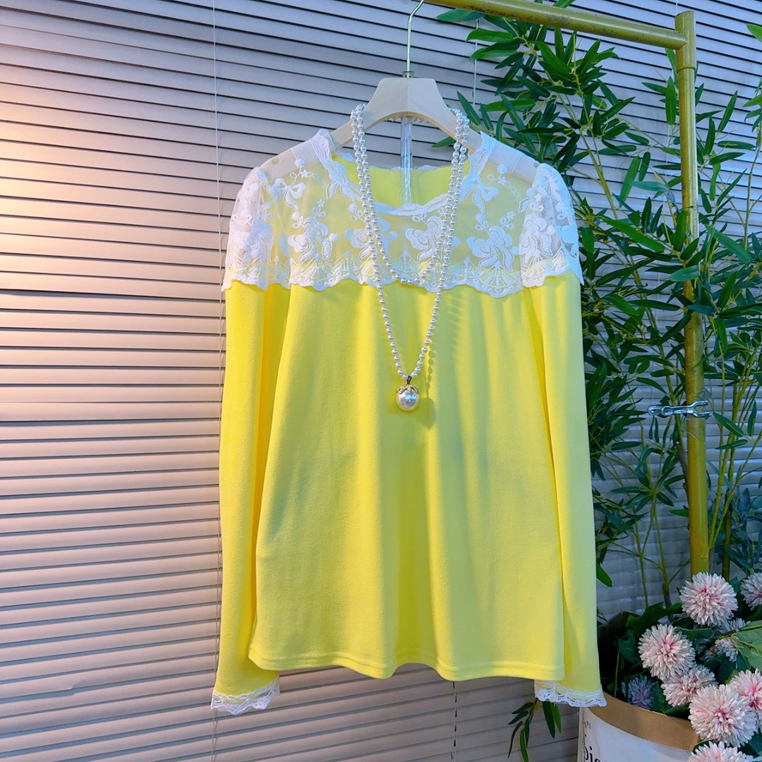 25081欧货时尚糖果色圆领拼接蕾丝花边减龄显瘦设计感百搭长袖衫