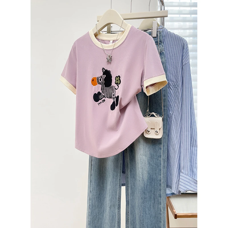 2025夏正肩撞色舒适棉感短袖t恤休闲ins时尚百搭上衣减龄显瘦女装