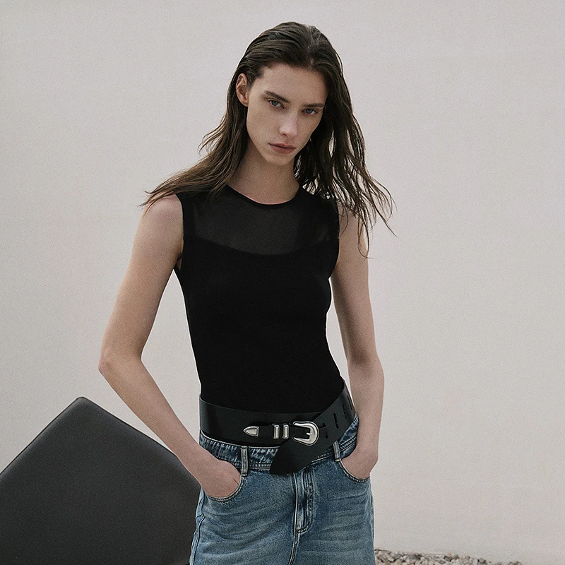 IRO Night 25无袖透视网纱黑色极简背心打底