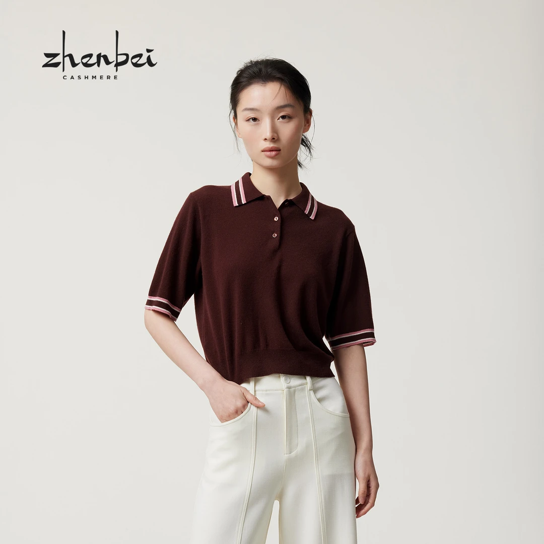 ZB/珍贝2025秋冬新品 高支纱夹色翻领女中袖/56378