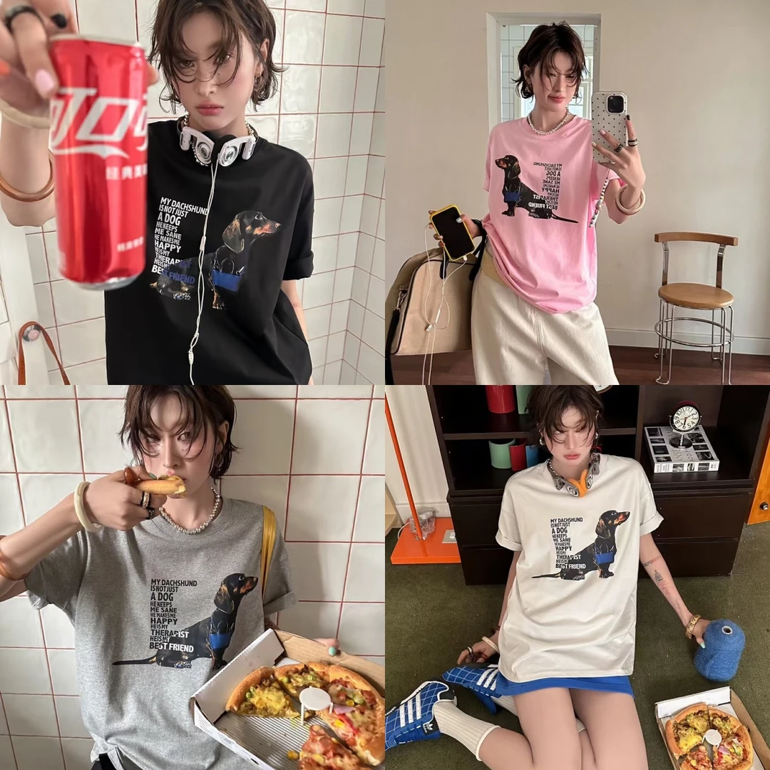 VK&BMBM复古腊肠狗彩拔印花宽松圆领短袖T恤HS028