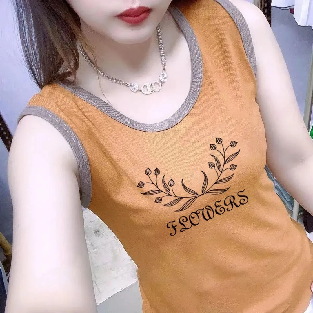 纯棉吊带背心女打底夏季韩版时尚修身显瘦白色印花圆领无袖上衣