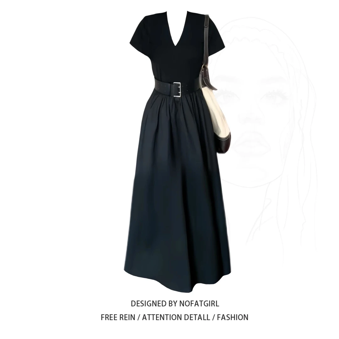 大码胖MM法式V领掐腰连衣裙女夏新款高级感小黑裙系带收腰长裙子