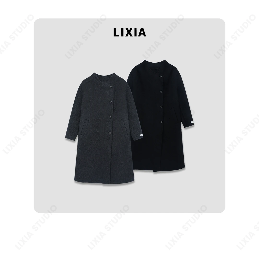 LIXIA【慕尼黑夜】法风中长设计款V领澳毛毛呢大衣外套-A8275