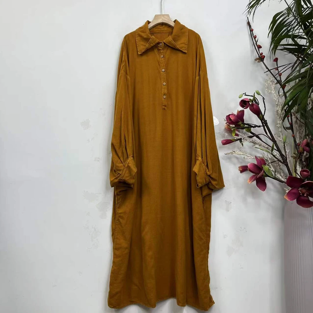 花璟原创~复古炒色做旧翻领灯笼袖长款袍裙（衣长129胸围不限）