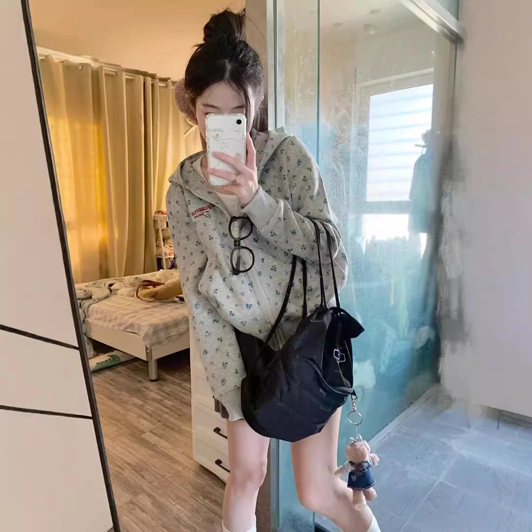 美式复古碎花连帽卫衣外套女春秋2024新款休闲宽松设计感百搭开衫
