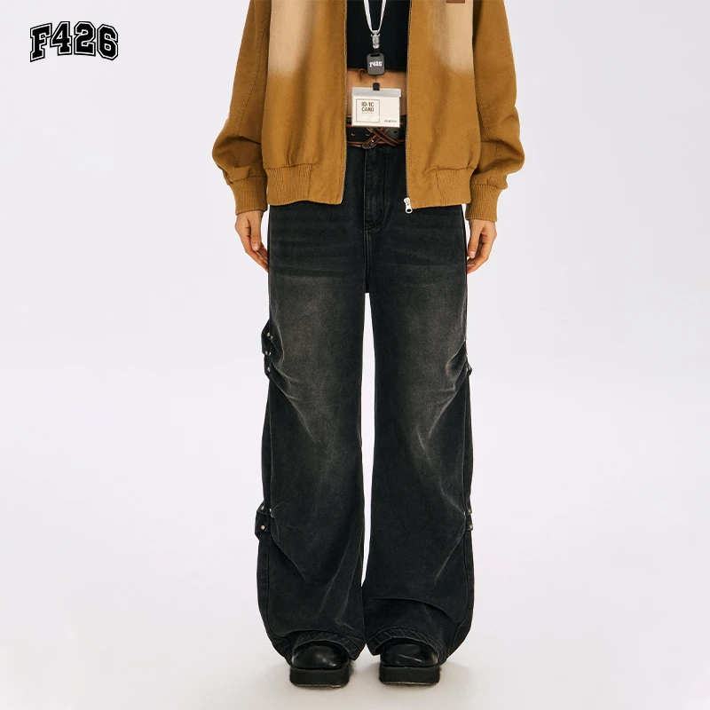 【F426旗舰店】情侣街头休闲侧边褶皱阔腿直筒cleanfit牛仔裤6500