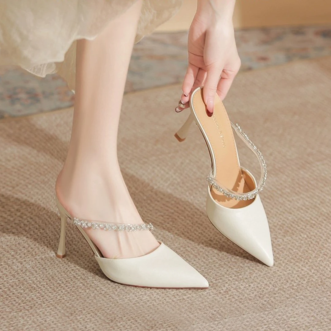 法式尖头水钻高跟鞋女细跟春夏新款百搭包头半拖气质性感绝美凉鞋