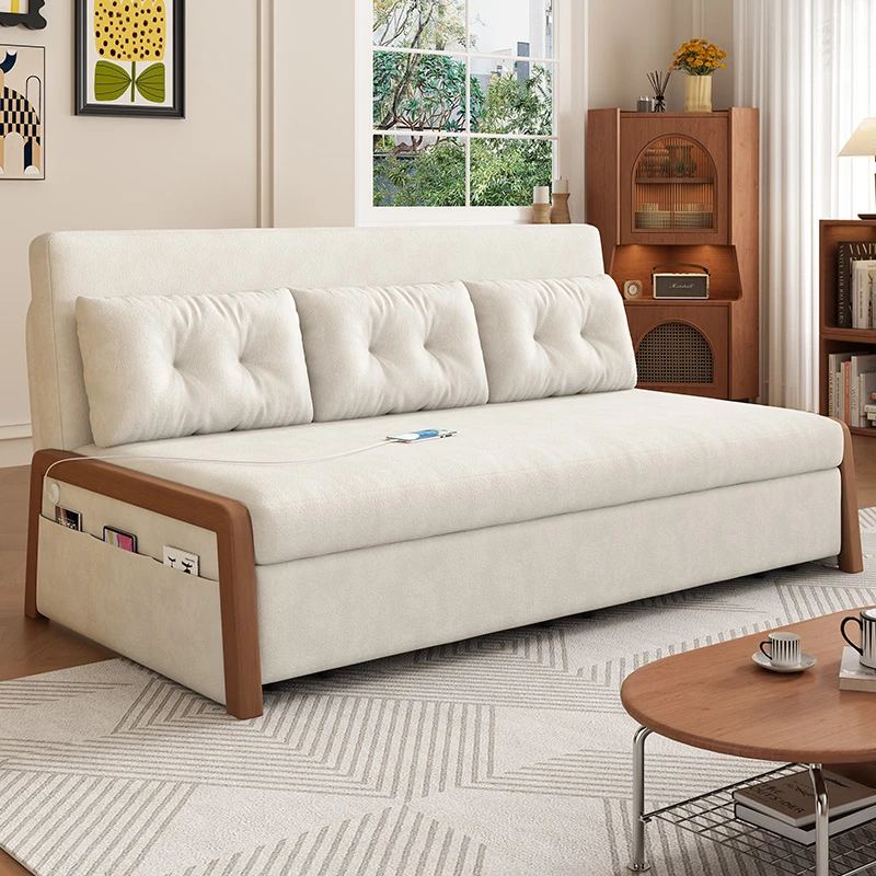 2025新款奶油风实木沙发小户型客厅书房阳台真皮可折叠沙发床两用