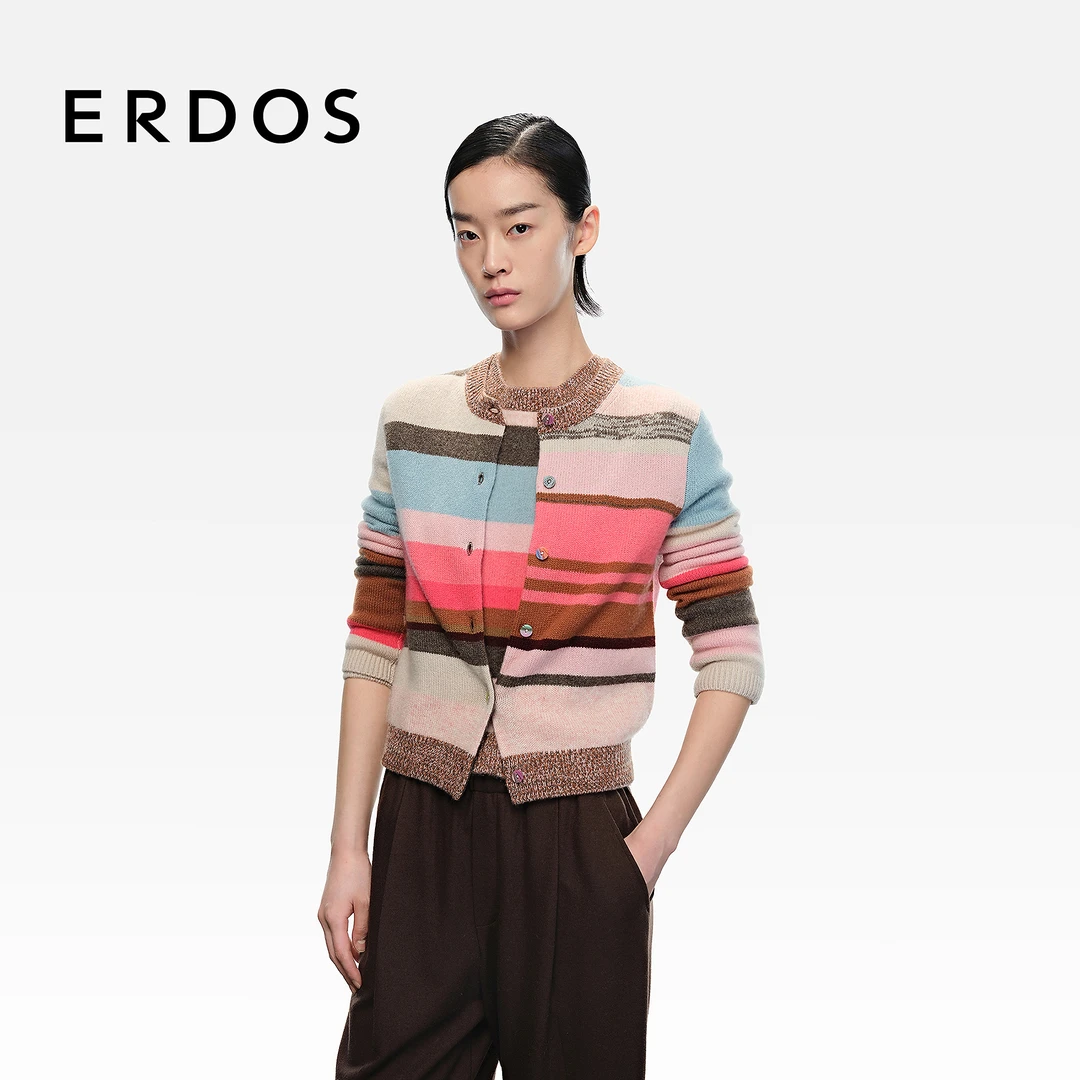 ERDOS 圆领夹条女士羊绒衫25年秋冬新品撞色条纹装饰中袖针织开衫