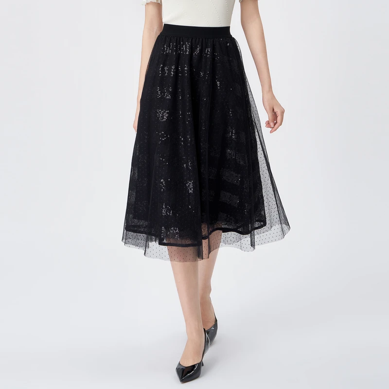 【双旦特惠】BuouBuou星空闪耀松紧腰头串珠蕾丝A字半裙女BKFB436