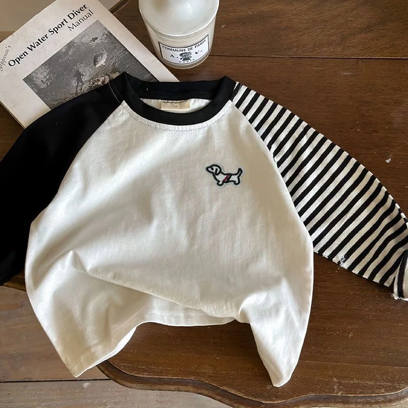 儿童潮牌T恤2025春男女童刺绣小狗长袖打底衫宝宝纯色休闲上衣潮t
