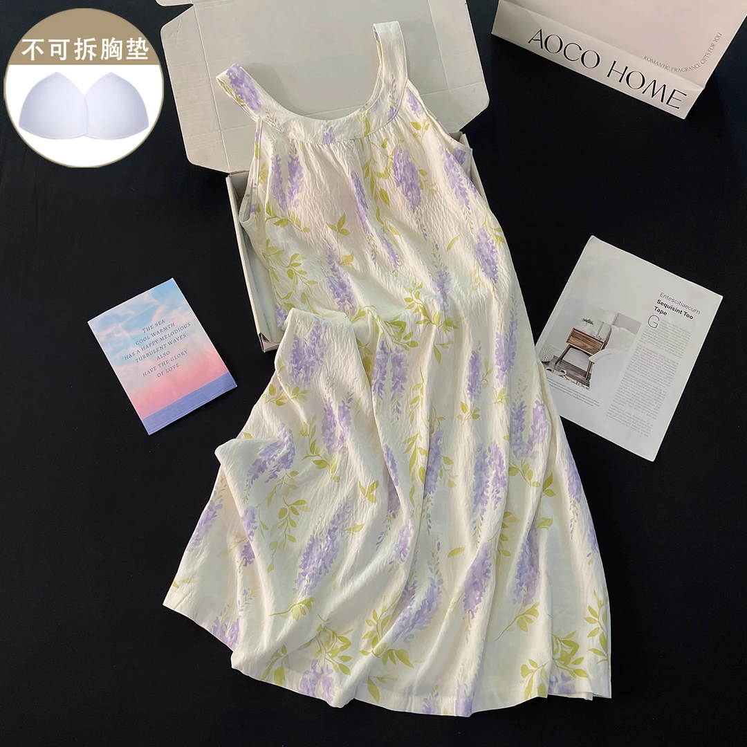 睡衣睡裙女夏季新款甜美紫色花朵带胸垫性感吊带田园风简约家居服
