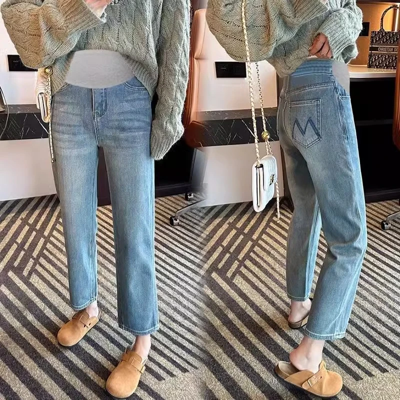 孕妇牛仔裤春秋托腹弹力烟管裤女秋冬季加绒小个子九分时尚直筒裤