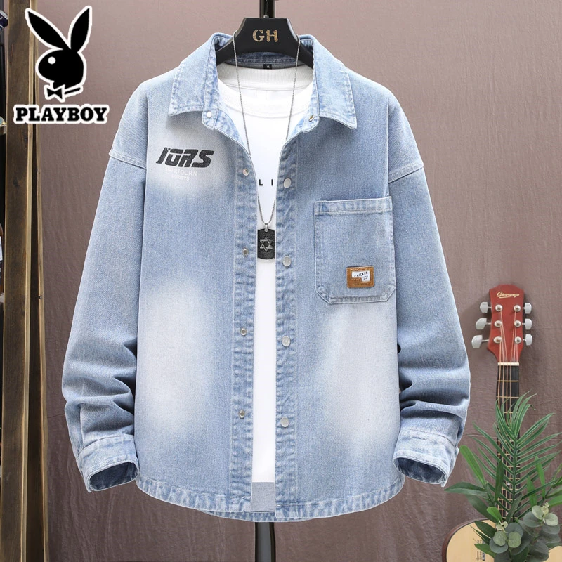 花花公子春秋季牛仔衬衫男装2025新款青少年学生衬衣潮牌休闲外套