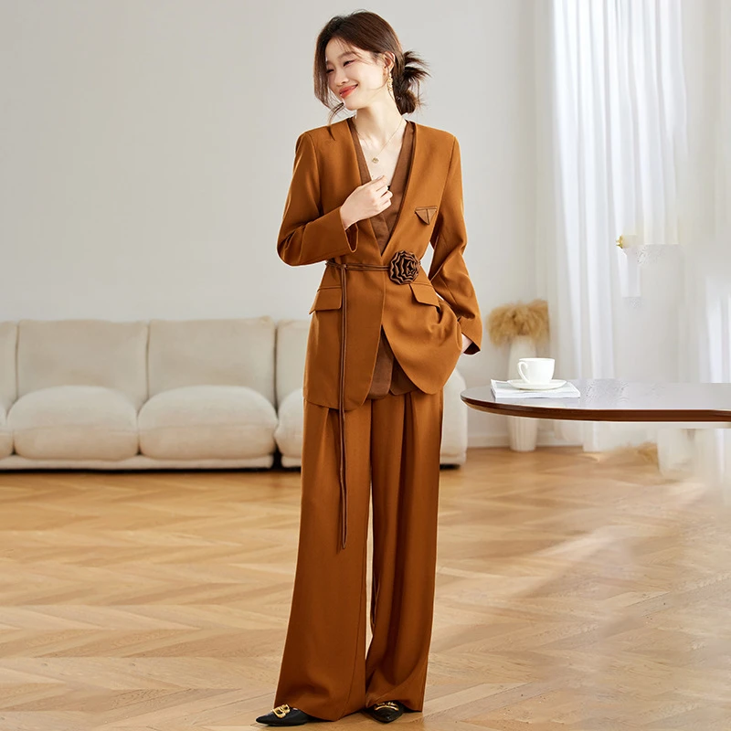 春秋新款高端大气西装外套修身长裤通勤时尚套装女花朵腰带显瘦