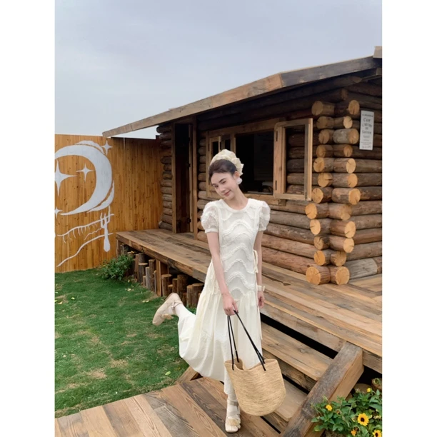 【追赶浪漫有袖版】26835 高级感小众显瘦百搭收腰显瘦度假连衣裙