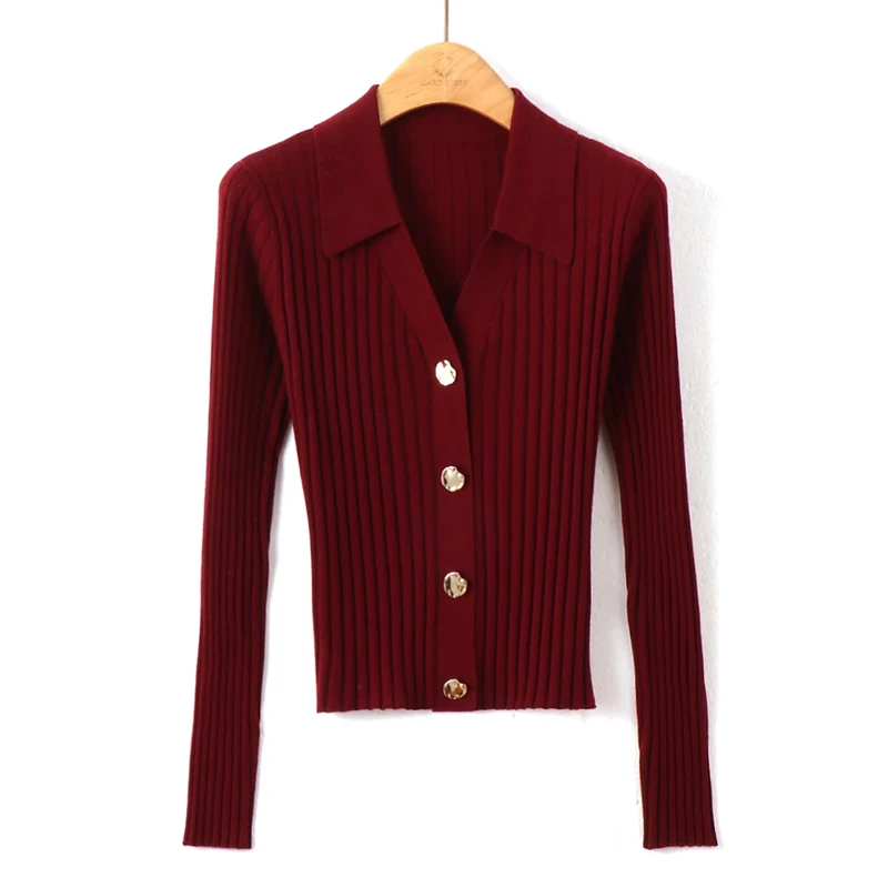 早春V领长袖针织衫开衫显瘦显瘦气质针织百搭外穿红色爆款上衣女