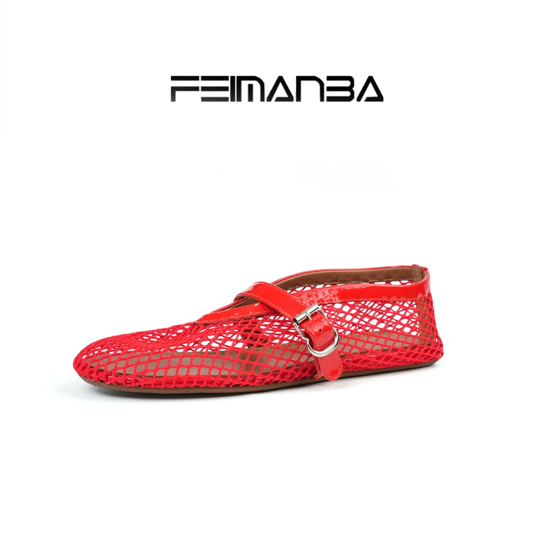 FEIMANBA 渔网镂空一字扣带芭蕾风平底