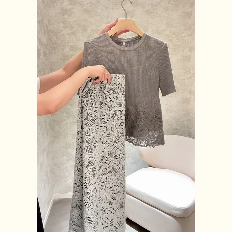夏日绝美灰色蕾丝t恤镂空连衣裙小套装夏季女装轻奢高级感女人味