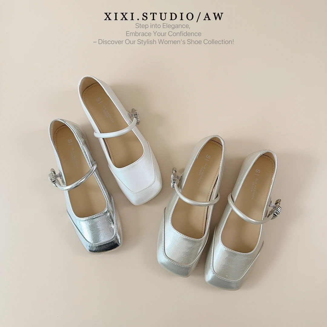 【25夏季新款】韩版洋气银色玛丽珍鞋女法式复古浅口晚晚单鞋小皮鞋