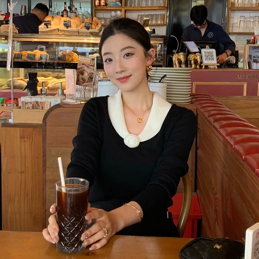 SS3457【山茶花开】千金感优雅小香风撞色气质毛衣秋冬显瘦针织上衣