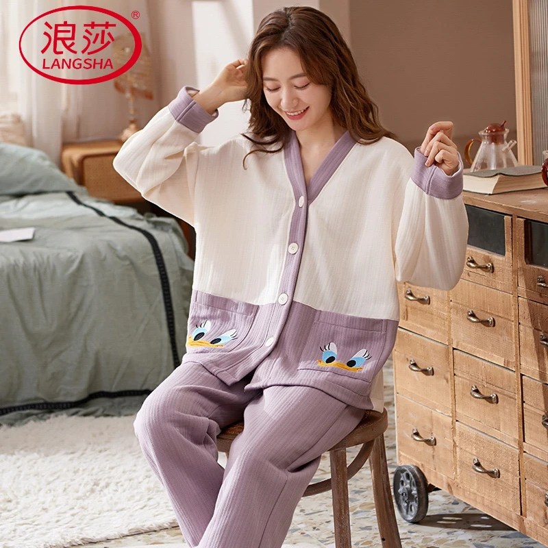 浪莎卡通睡衣女款春秋冬季夹层空气棉和服领长袖套装可爱少女家居