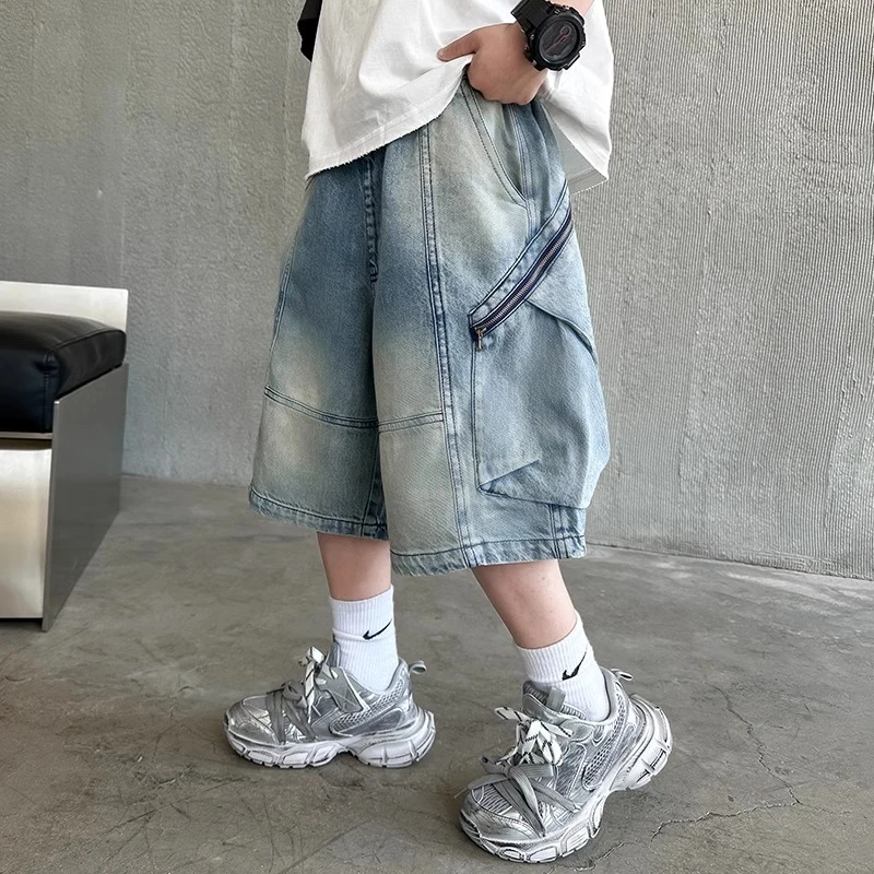 男童斜口袋拉链牛仔短裤夏款2025新款中大儿童潮款宽松透气夏装潮