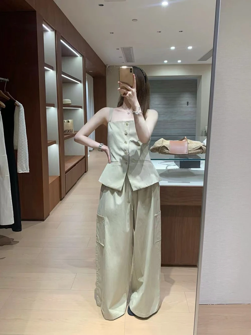WHMT（9098#新）显瘦吊带上衣阔腿裤套装（衣长62 腰围64裤长101）