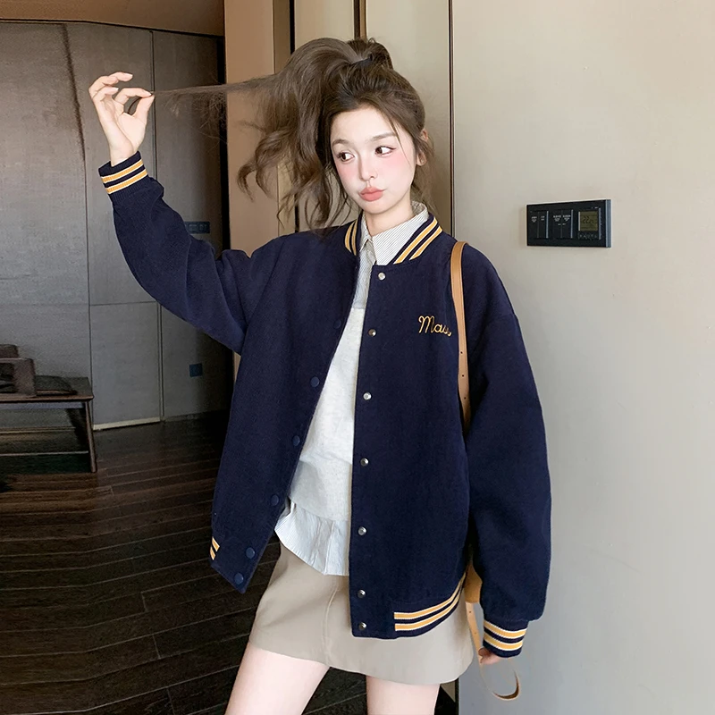 藏青色灯芯绒绣花棒球服女小个子2025春季新款美式学院风时尚外套