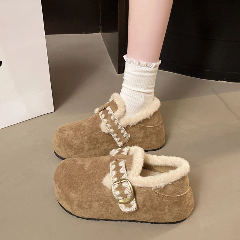 内增高加绒全包勃肯鞋毛毛鞋女2025新款冬保暖刺绣一脚蹬加绒棉鞋