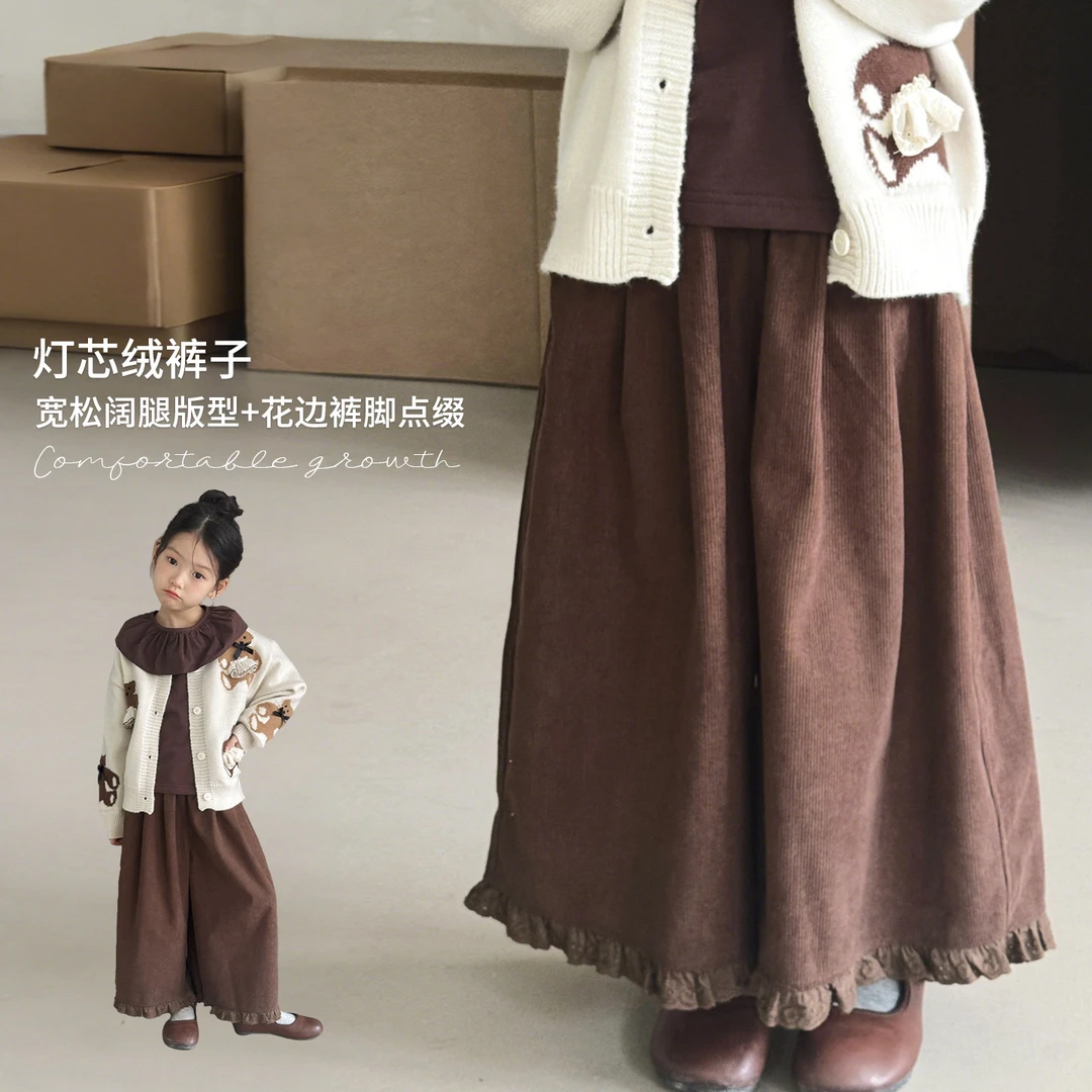 韩系25秋花边裤腿宽松女童灯芯绒裤子-52499