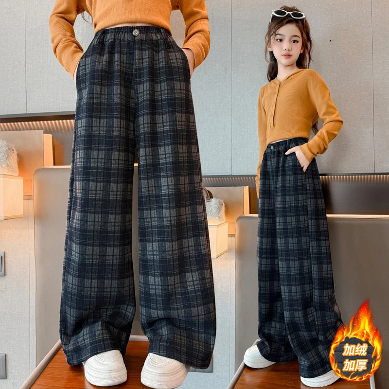 女童加绒裤子秋冬装新款洋气儿童格子裤中大童加厚一体绒直筒裤潮