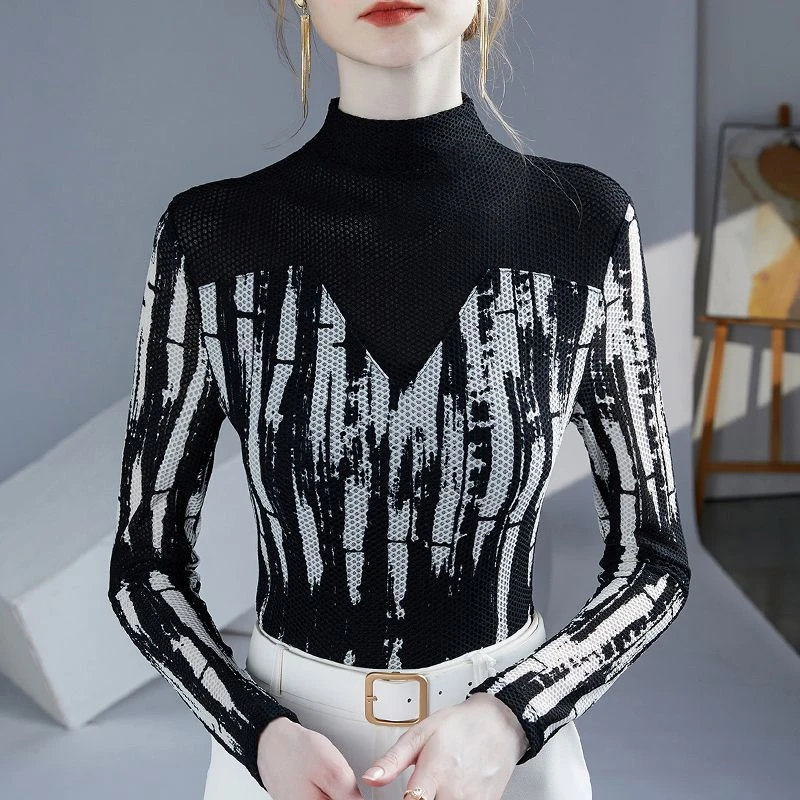 2025春秋新款印花打底设计感网纱半高领气质女士上衣撞色拼接小衫