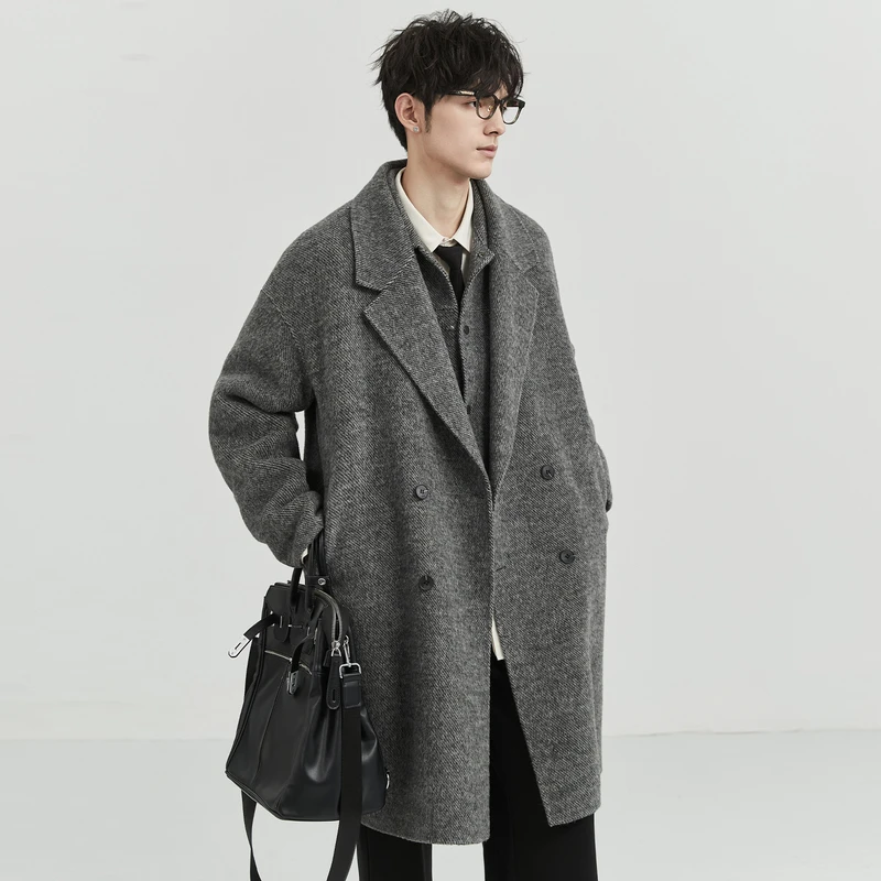 DH初冬呢大衣男士休闲羊驼毛宽松毛呢中长款双面呢秋冬P441741