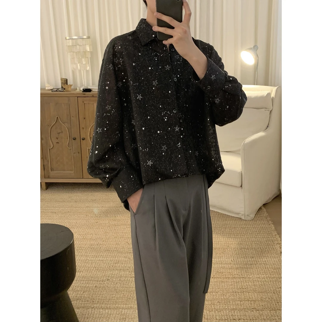 黑色闪亮星空衬衫男夏季宽松痞帅潮流休闲衬衣A2504713