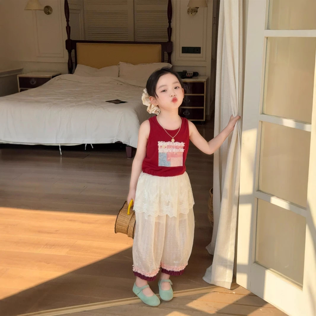 《小思家》女童2025夏季韩版休闲百搭五一花边背心束脚休闲裤套装