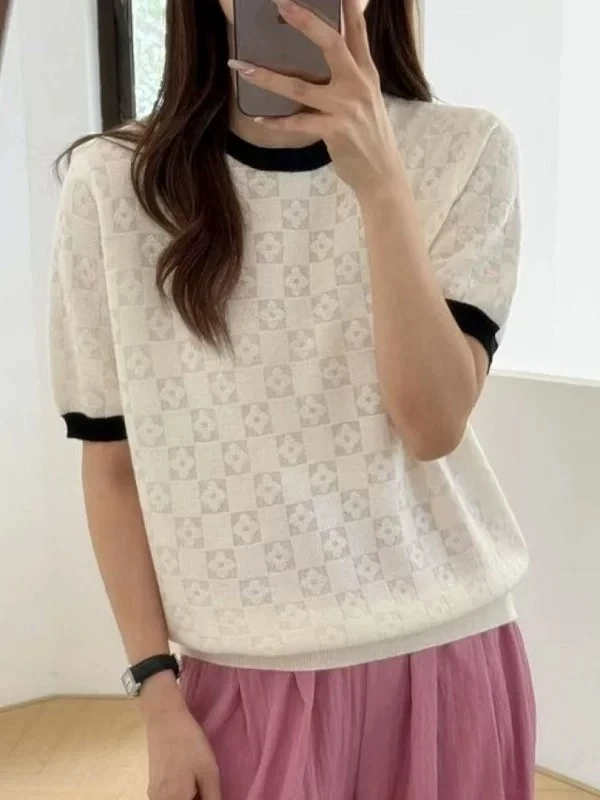 短袖圆领常规薄款气质毛针织衫夏季上衣提花女