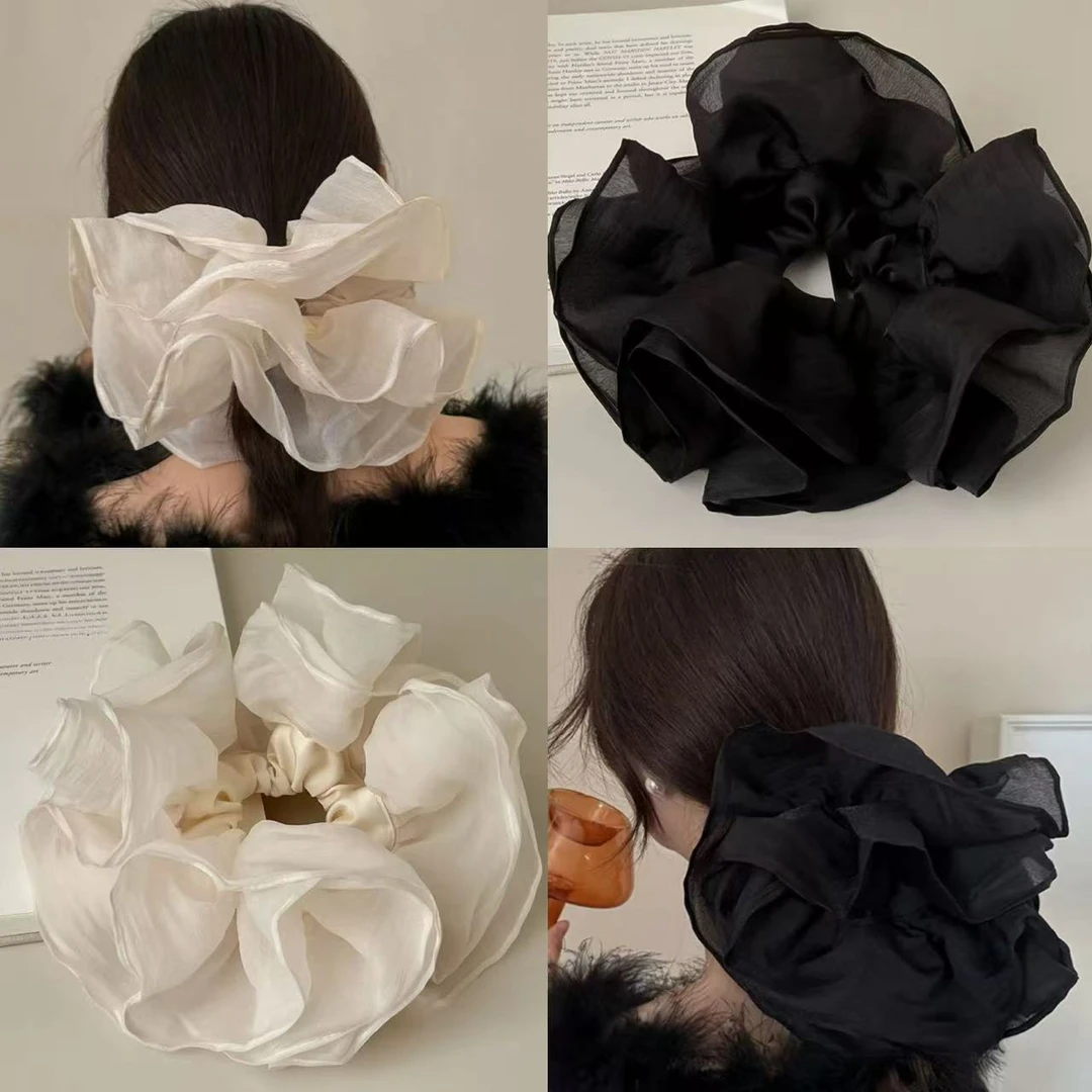 法式超大号褶皱双层网纱大肠发圈感扎马尾头花女2025新款头绳